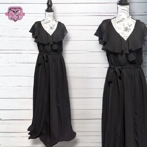 Jj's House Elegant Black Chiffon Flutter Sleeve Maxi Gown, Large